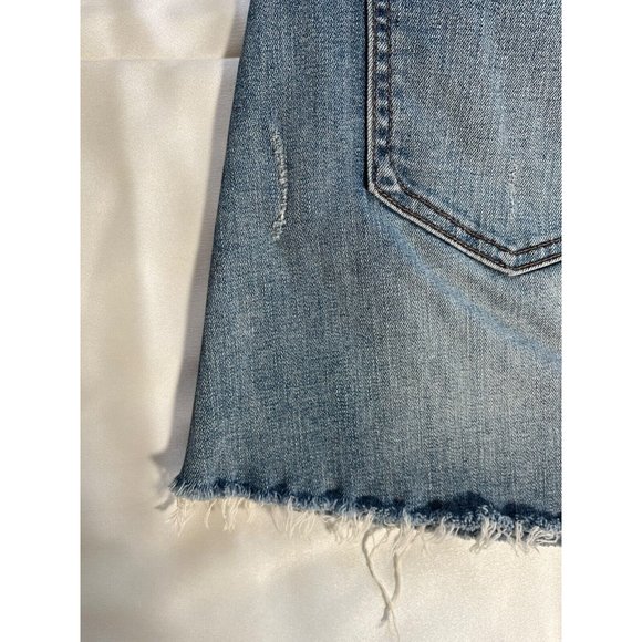 EXPRESS Bedazzled Gemstone Jean Mini Skirt Distressed Raw Hem Medium Light Sz 4 - Picture 9 of 16